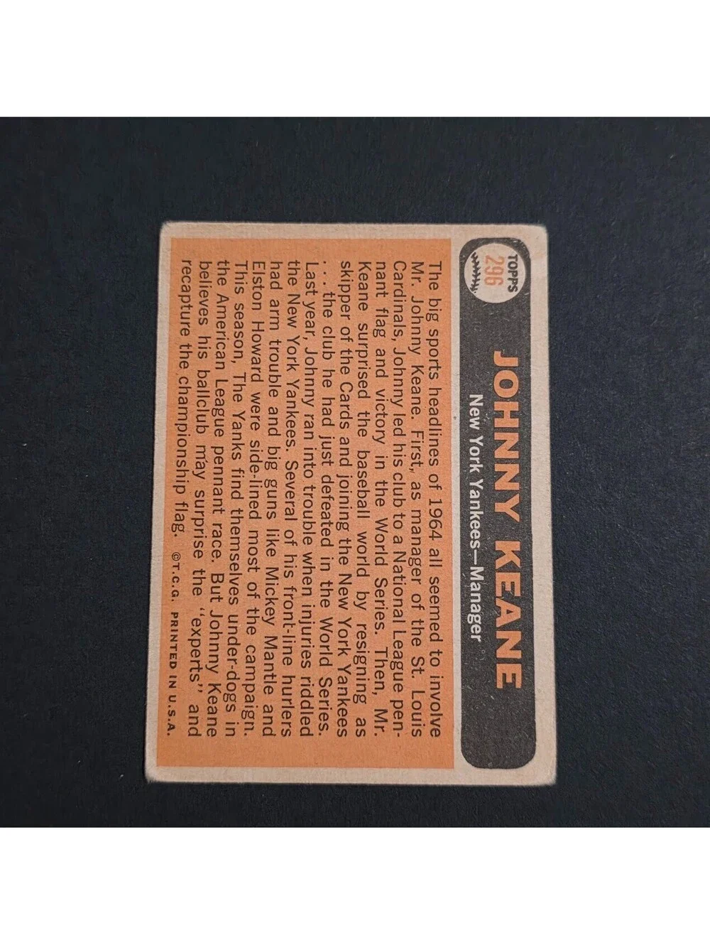 1966 Topps - Johnny Keane #296 New York Yankees Manager VTG Baseball Card
